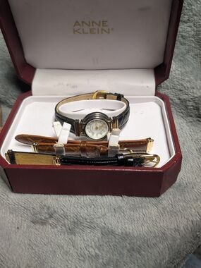 Anne Klein Gold Tone Watch with White Dial and Black & Brown Straps